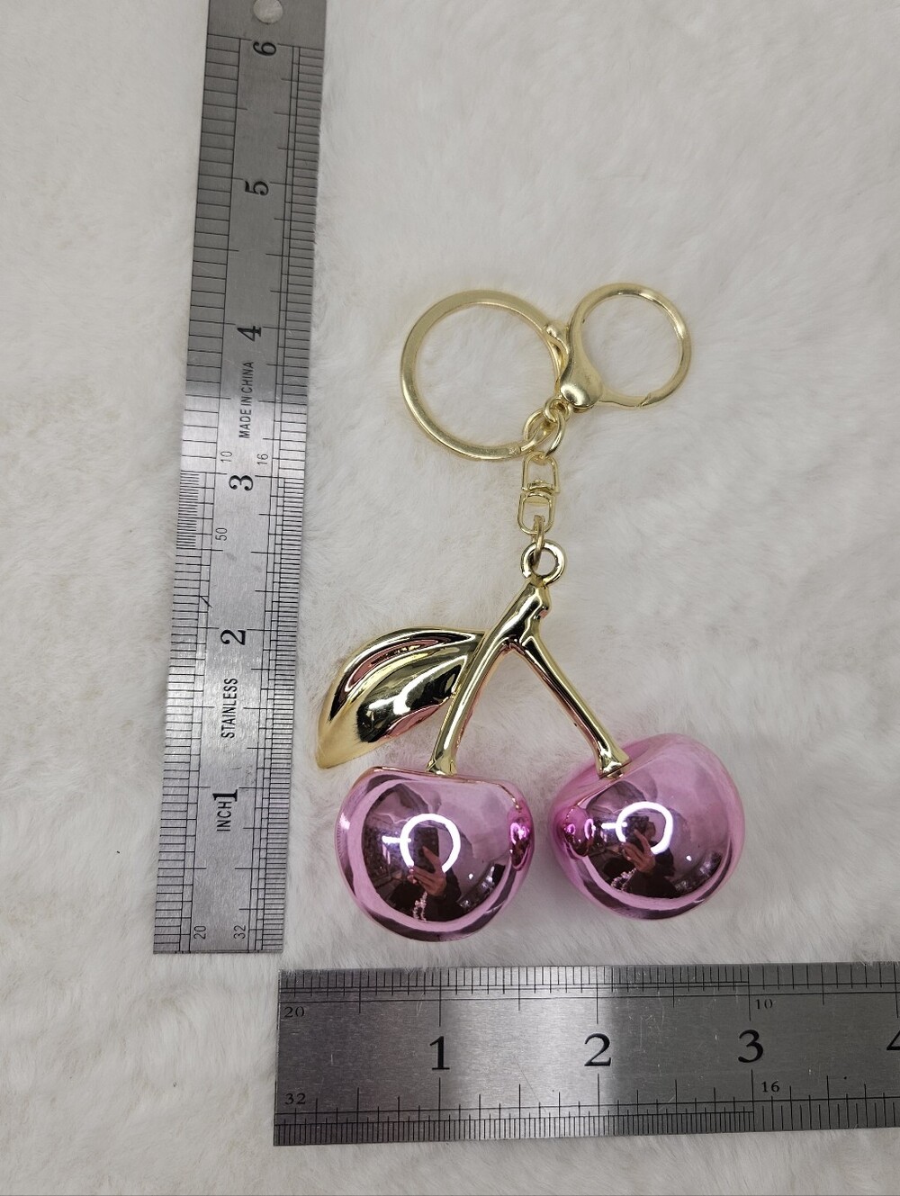 Pink Chrome Metallic Cherry Keychain Purse Charm NWOT - Picture 4 of 4